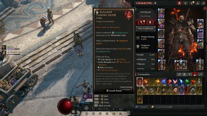 Diablo 4 in-game tooltip for the Kullean Tuning Prism, showing it is only usable on amulets and adds a random bonus Legendary Aspect.