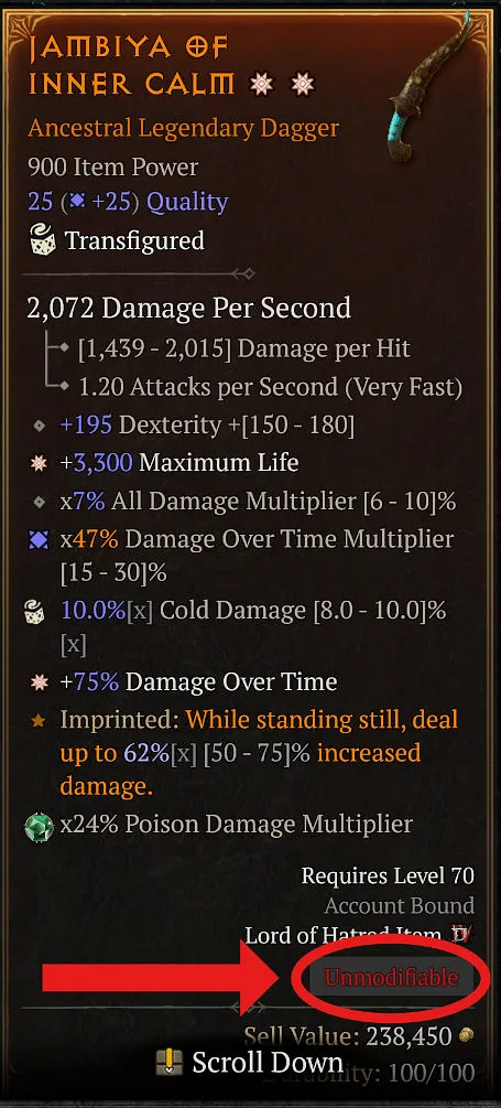 Transfigured Jambiya of Inner Calm dagger in Diablo 4 with the Unmodifiable tag circled in red on its tooltip.