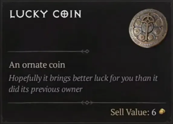 Diablo 4 Lucky Coin tooltip showing the item