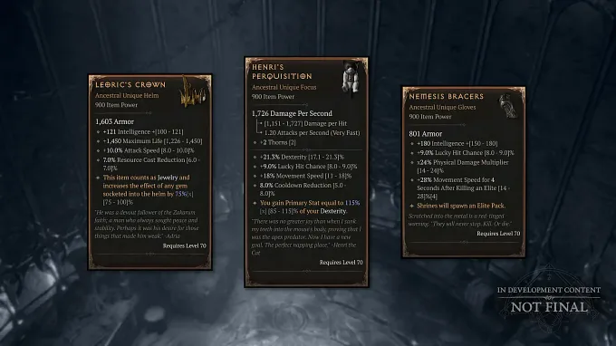Diablo 4 Legacy Uniques tooltip cards, displaying informative description for Leoric's Crown, Henri's Perquisition, and Nemesis Bracers items coming with Diablo 4 Season 15.
