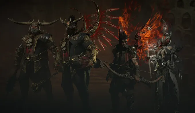 Diablo 4 loading screen with 2 druids, one rogue and one sorcerer, dressed in different cosmetic loadouts/transmogs with impressive red glowing wings and horned helmets.