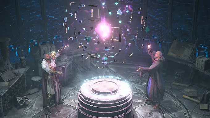 Two figures (Tyrael and Lorath) channel magic around the glowing Horadric Cube in a Diablo 4 cutscene, with crafting materials floating in the air above it.