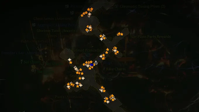 A Diablo 4 map covered in dozens of orange (legendary) and white-baige (unique) loot drop icons, cluttering the view over the terrain and item labels.