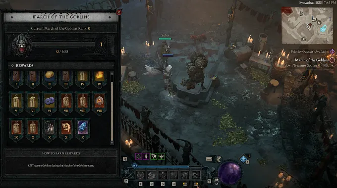 Diablo 4 March of the goblins event reputation board, showing the points needed and rewards you can obtain