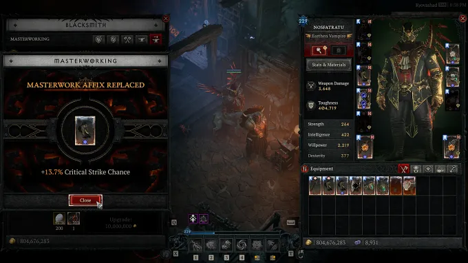 Diablo 4 Blacksmith Masterworking screen with a "Masterwork Affix Replaced" banner, showing a rerolled Capstone bonus that landed on +13.7% Critical Strike Chance.