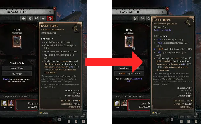 Diablo 4 before and after of the Dark Howl Ancestral Unique gloves masterworked from Quality 0 to Quality 25, with armor going from 801 to 1,001, every affix boosted, and the Capstone landing on Lucky Hit Chance.