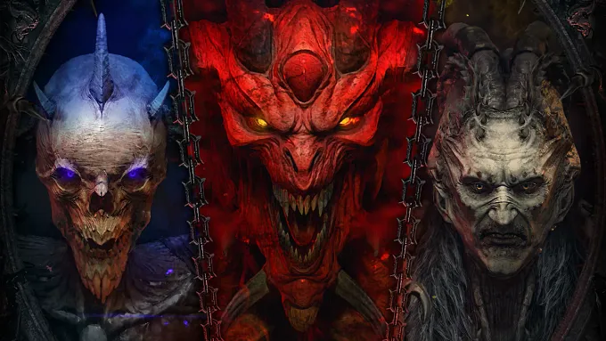 The three Prime Evils of Diablo 4 as chained portraits, left to right: Mephisto with blue skin and purple eyes, Diablo with red skin and glowing yellow eyes, and Baal with pale features and amber eyes.