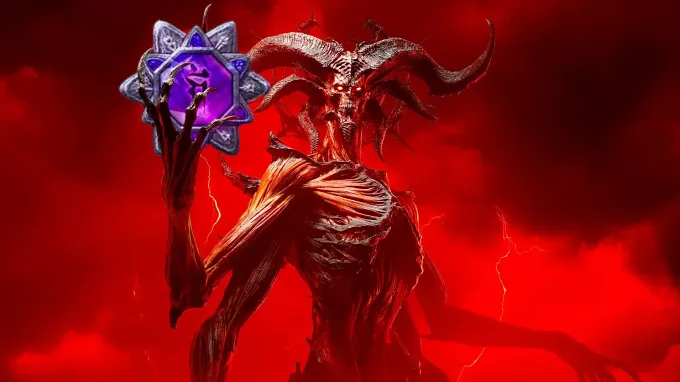 Diablo 4 Mephisto holding a Mythic Seal in his hand in the middle of the picture