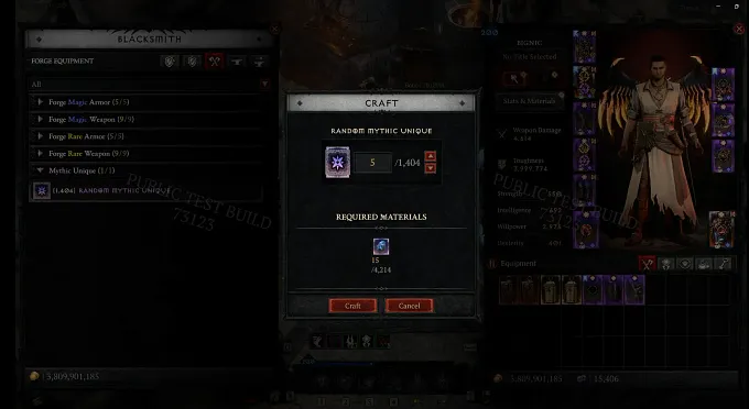 Diablo 4 Season 15 PTR example of crafting a Mythic through the new Blacksmith recipe