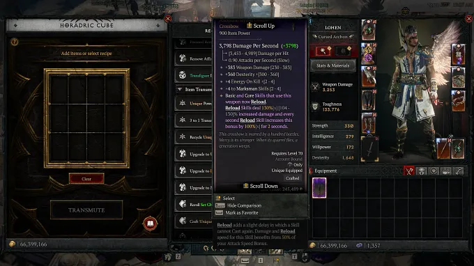 Diablo 4 Mythic Crafted Tag tooltip displayed upon hovering over a crafted item within the player character inventory.