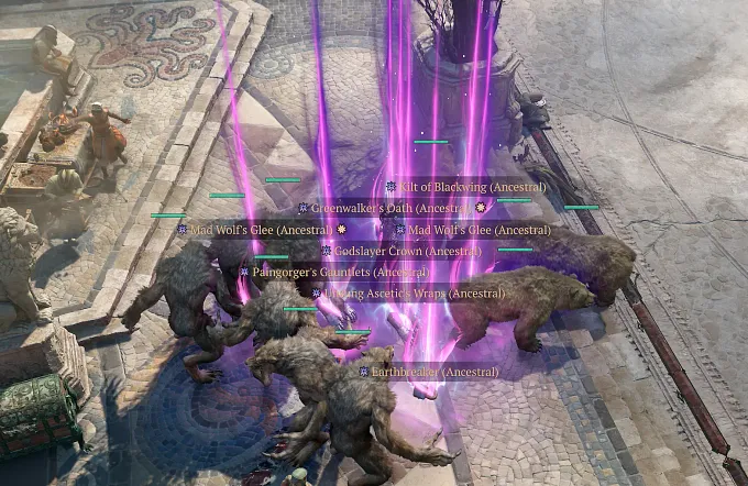 A pile of werewolves and bears in a Diablo 4 town called Temis, surrounded by pink-purple loot beams labeling dropped Ancestral Unique items like Mad Wolf's Glee and Godslayer Crown.