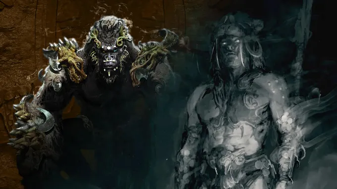 Diablo 4 Spirtborn class as a Gorilla left and posing on the right