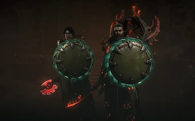 Diablo 4 Loading Screen image of a party of two Paladins with iconic DOOM shields in their hands and glowing weapons that burn and rotate in that same DOOM fashion.