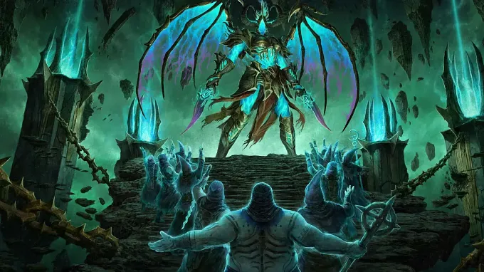Diablo 4 Pandemonium Reaper Lair Boss standing on top of stairs with his followers worshiping him