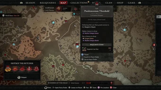 Diablo 4 map indicating the location near Zarbinzet of the Corrupted Reaper inside the Pandemonium Threshold dungeon