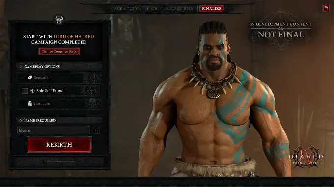 Diablo 4 Rebirth System character creation login screen example. A barbarian stares angrily, with a desert-like colored background. The Rebirth button is clearly visible and highlighted in red.