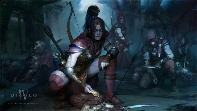 Diablo 4 Rogue crouching with a bow inside a dark hideout.