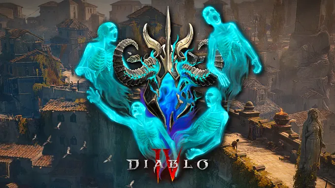 The Diablo 4 S14 logo over a Sanctuary town backdrop of Temis, surrounded by four glowing cyan skeletal spirits, with the Diablo IV wordmark below.