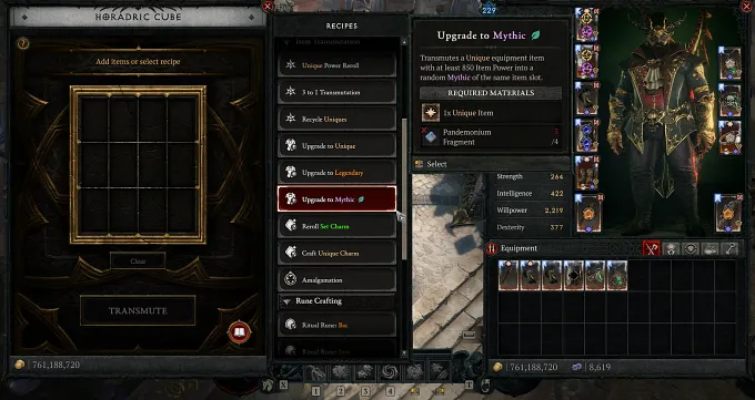 The Horadric Cube in Diablo 4 with the Upgrade to Mythic recipe selected, its tooltip describing a random Mythic of the same item slot.