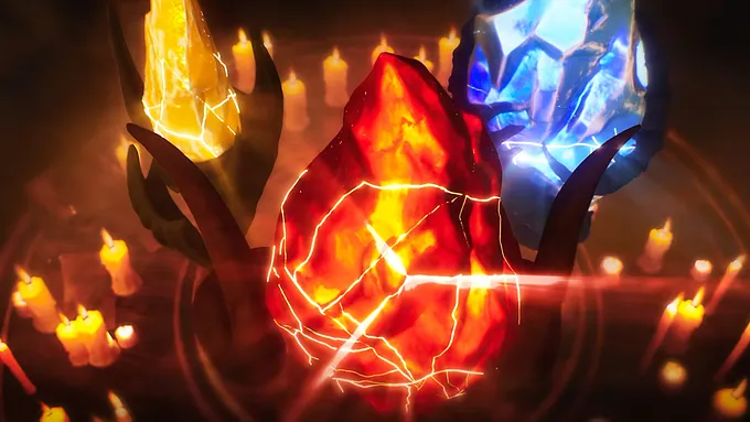 Diablo 4 Season 15 trailer still showing three glowing Prime Evil soul splinters, gold, red, and blue, each cracked with inner light and ringed by candles in a dark shrine.