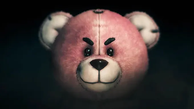 Diablo 4 Season 15 Dark Wanderbear pet, a pink teddy bear with angry eyebrows on a dark background.