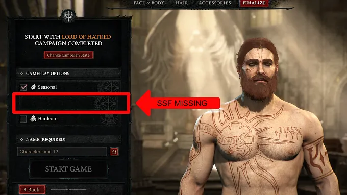 Diablo 4 character creation Finalize screen showing the Gameplay Options list with Seasonal checked and Hardcore below it, and an empty highlighted slot between them labelled "SSF MISSING" where the Solo Self-Found toggle would normally sit.