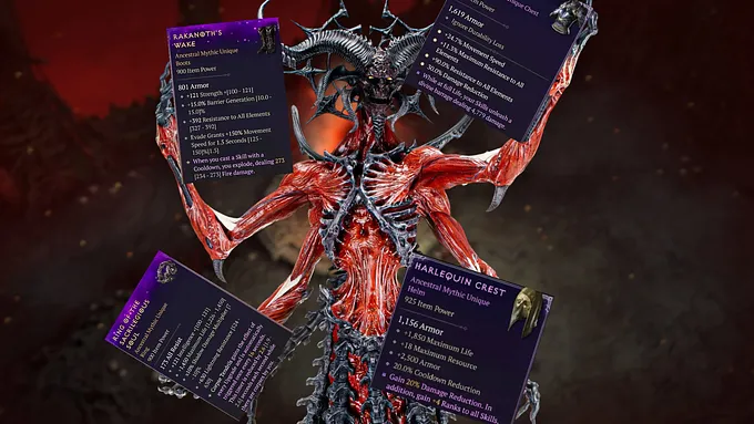 Mephisto looming over a hellish red landscape in Diablo 4 Season 15, surrounded by four Mythic Unique item tooltips including Harlequin Crest and Rakanoth's Wake, illustrating the boss as a guaranteed Mythic source.