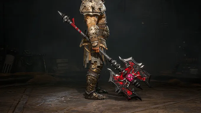 Diablo 4 Barbarian holding Messerschmidt’s Reaver, a massive two-handed axe glowing with red energy.