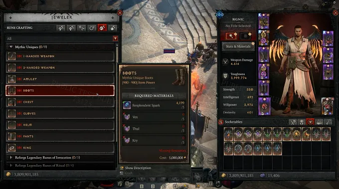 Diablo 4 Season 15 PTR example of a Jeweler Mythic crafting for boots