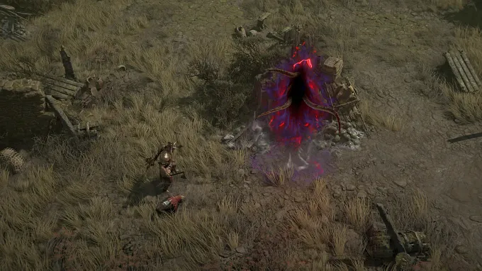 Diablo 4 Season 15 Waking NIghtmare portals appearing in the open world and teleporting you to old Diablo game dungeons
