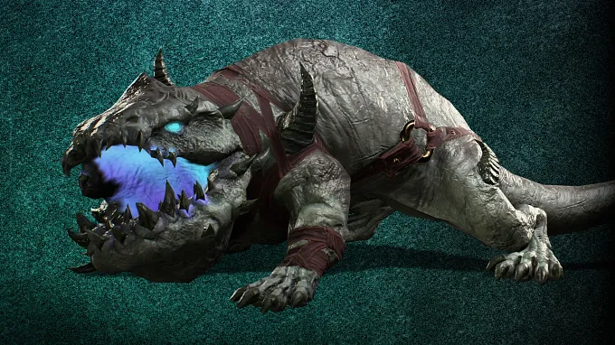 Greystone the Pet in Diablo 4, a grey horned pot-bellied hound with glowing blue eyes and mouth and a red leather harness
