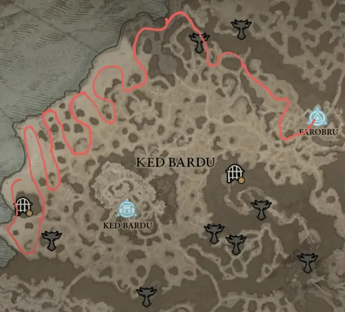 Ked Bardu map with a line running around the coast to mark the best path to farm Goblins.