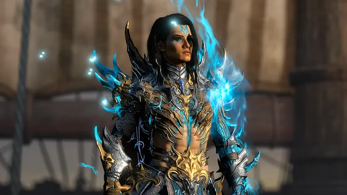A Diablo 4 character in ornate gold and black armor wreathed in blue flame, posed on a ship, showing an endgame best-in-slot look.