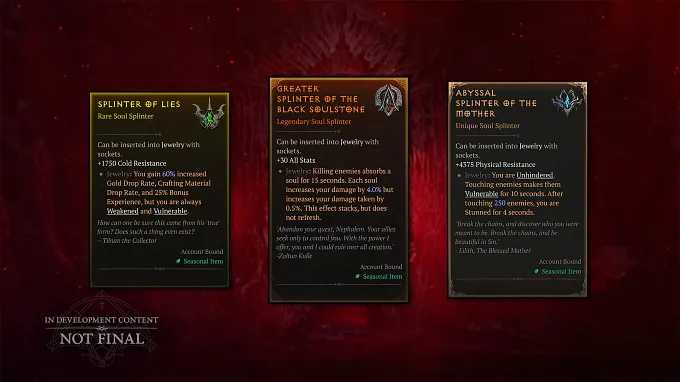 Three Season 15 Soul Splinter item card tooltips from Diablo 4, a Rare, Legendary, and Unique tier, each showing socketable jewelry effects.