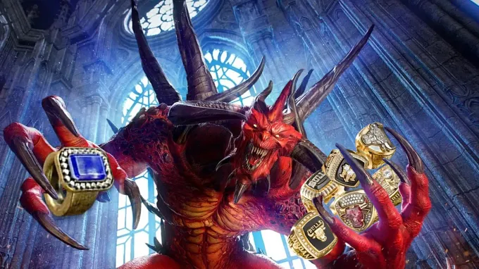Diablo image with Diablo boss in the middle juggling with the Stone of Jordan and Michael Jordan's Championship Rings