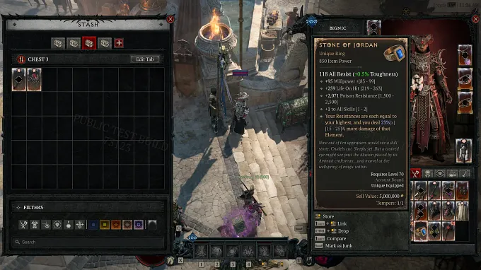Diablo 4 Season 15 PTR example of the Stone of Jordan Legacy Unique RIng on a Warlock