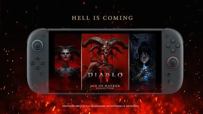 Diablo 4 Switch 2 Official art with a Switch 2 console and Lilith, Mephisto, and Neyrelle on the cover, written "Hell is coming" on top