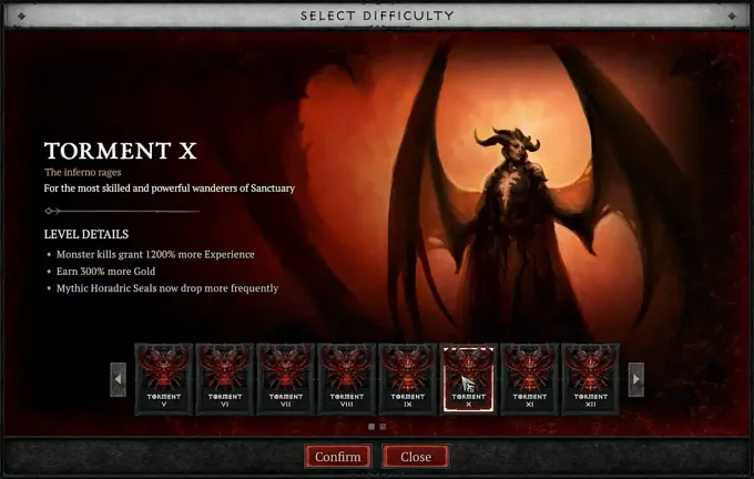 Diablo 4 Torment Tiers selection difficulty menu showing Torment 10 bonuses before Season 15