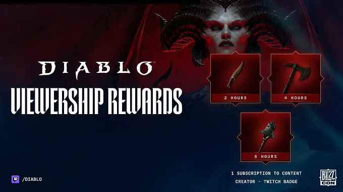 Diablo 4 Twitch Drop rewards for BlizzCon, with the Dagger, Axe, and Mace