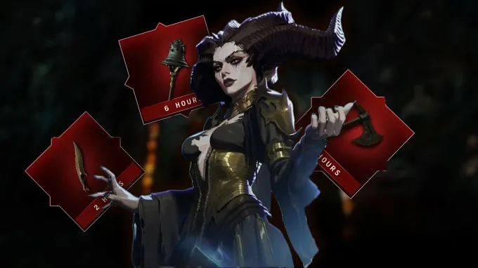 Lilith from Diablo 4, a horned demon woman with dark hair and gold-and-black armor, standing against a shadowy background with three red Diablo-style item cards floating around her, each labeled with a countdown timer (2 hours, 6 hours, and one partially obscured) showing a dagger, a bell, and an axe.