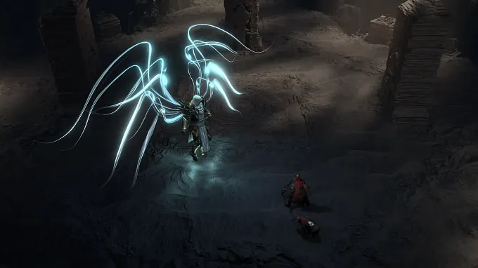 Diablo 4 Tyreal floating with his wings open, a character and his pet in front, both seem to be talking to each other