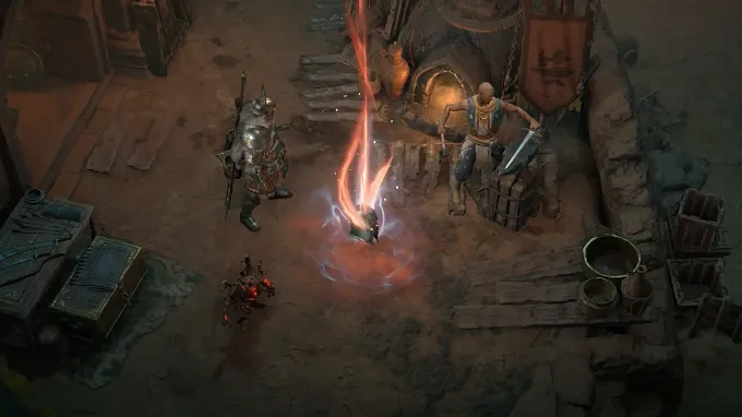Diablo 4 character near a Blacksmith with a unique item and the halo around it on the ground