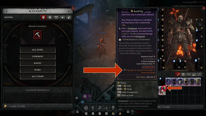 Diablo 4 Blacksmith salvage screen with a red arrow pointing to a tooltip line that reads Upgrades an Aspect in the Codex of Power on salvage.
