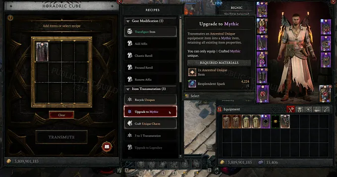 The Season 15 PTR Horadric Cube with the Upgrade to Mythic recipe, its tooltip stating it transmutes an Ancestral Unique into a Mythic while retaining all existing item properties.
