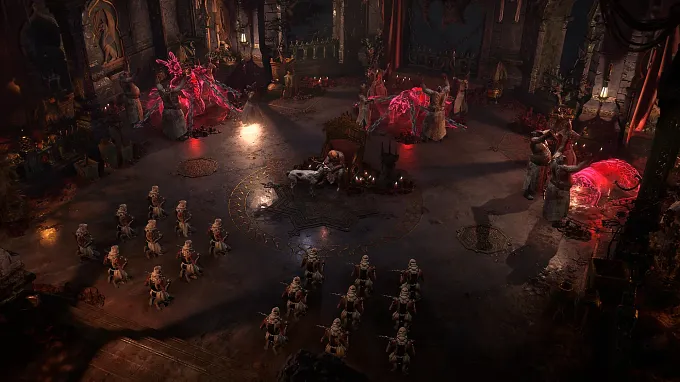 A dark ritual chamber in Diablo 4 lit by red magic, with rows of hooded cultists kneeling before a throne and a robed figure performing a rite inside a golden ritual circle on the floor.