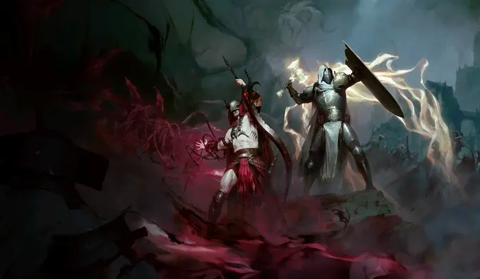 Diablo 4 Warlock andd  Paladin official artworl with both raising their weapons to fight demons