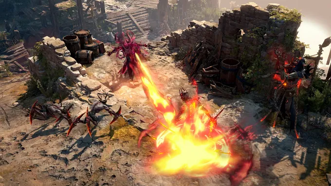 Diablo 4 Warlock under his demonic form spitting fire on enemies in Skovos