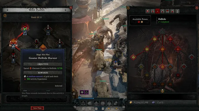 The Season 15 PTR War Plans screen with a completed Greater Helltide Harvest objective, beside a Druid with werewolves in a town.