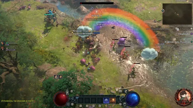 Diablo 4 Season 15 Whimsyshire with rainbow clouds and cuddle bears