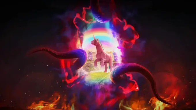 Diablo 4 Season 15 Whimsyshire loading screen with a portal opening to rainbows and unicorns